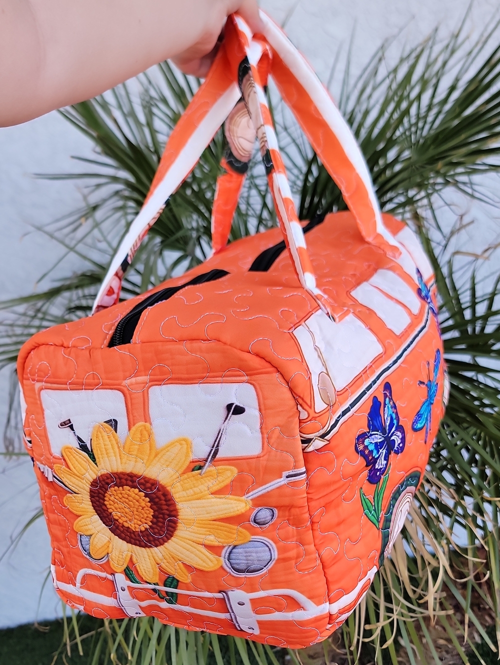 Butterflies, dragonflies, sunflowers & Irises floral Van Quilted Duffle Bag - Picture 5 of 7